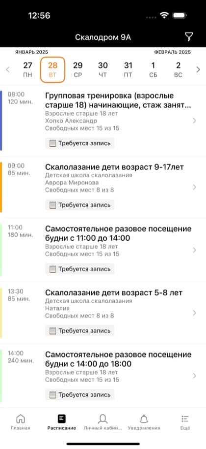Экран приложения Клуб скалолазания Скалодром 9А